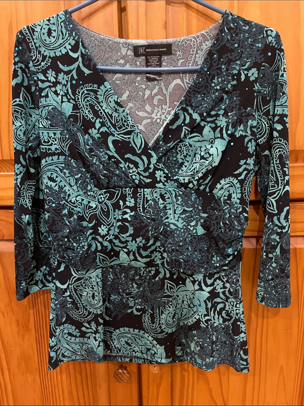 INC International Concepts Black and Teal Paisley Long Sleeve Top